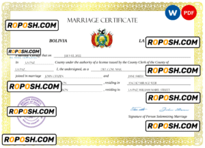 Bolivia marriage certificate Word and PDF template, completely editable