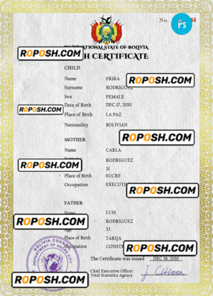 Bolivia vital record birth certificate PSD template, completely editable