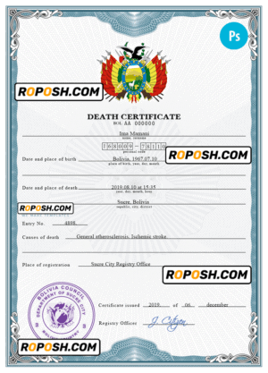 Bolivia death certificate PSD template, completely editable