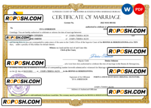 Bosnia & Herzegovina marriage certificate Word and PDF template, fully editable