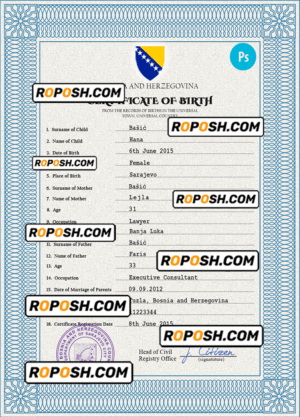 Bosnia and Herzegovina birth certificate PSD template, completely editable