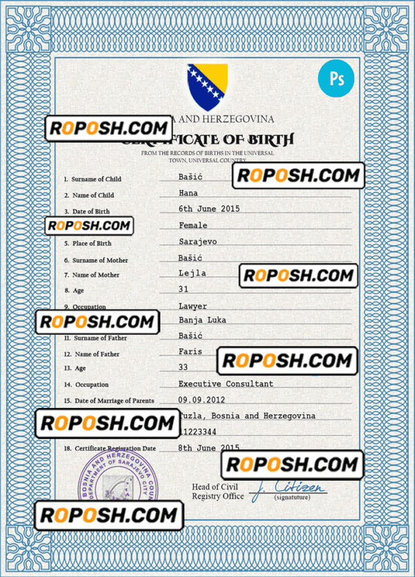 Bosnia and Herzegovina birth certificate PSD template, completely editable