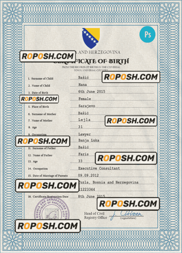 Bosnia and Herzegovina birth certificate PSD template, completely editable