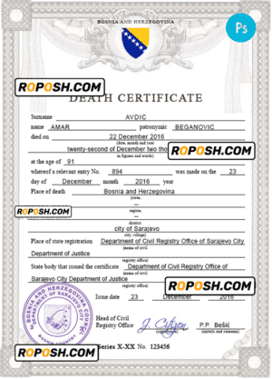 Bosnia and Herzegovina vital record death certificate PSD template, completely editable