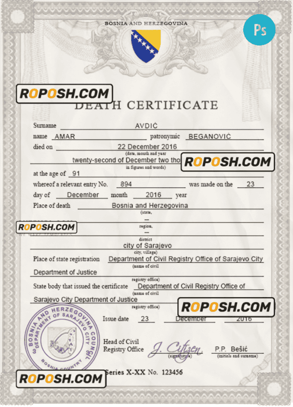 Bosnia and Herzegovina vital record death certificate PSD template, completely editable