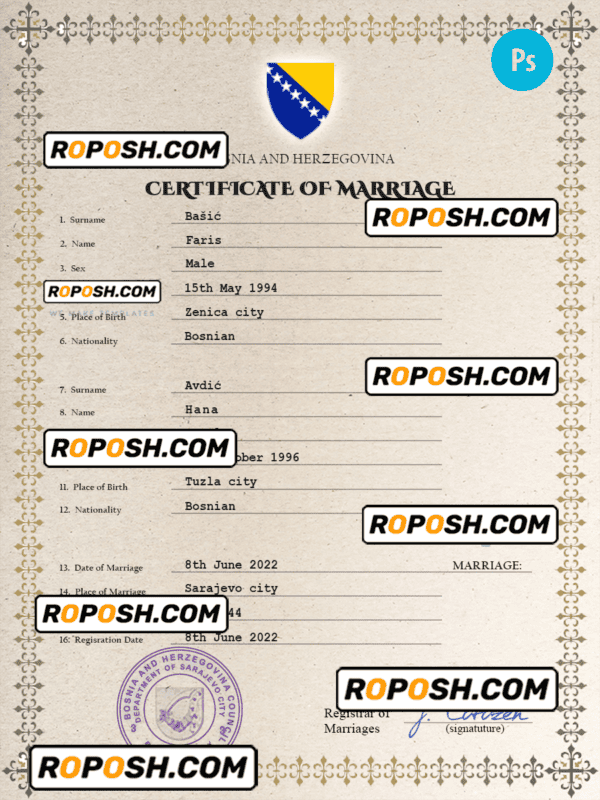 Bosnia and Herzegovina marriage certificate PSD template, completely editable