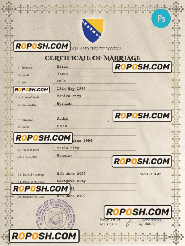 Bosnia and Herzegovina marriage certificate PSD template, completely editable