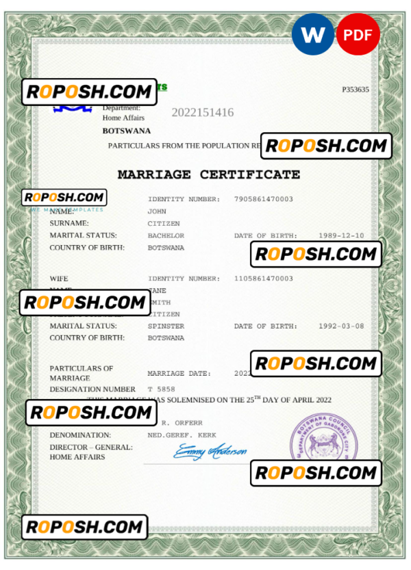 Botswana marriage certificate Word and PDF template, completely editable