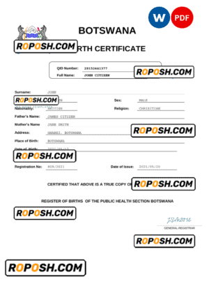 Botswana birth certificate Word and PDF template, completely editable