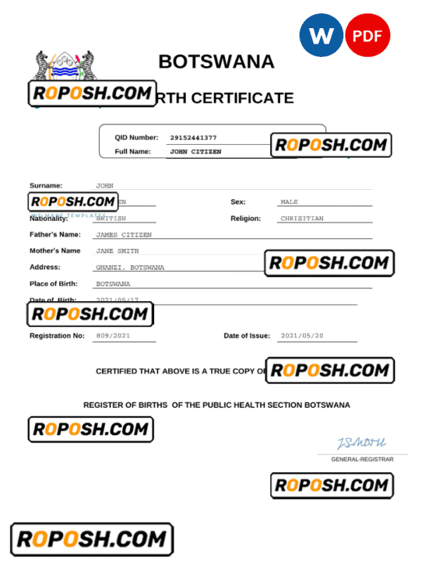 Botswana birth certificate Word and PDF template, completely editable