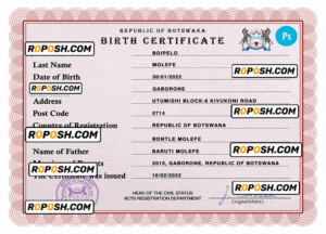 Botswana vital record birth certificate PSD template, fully editable