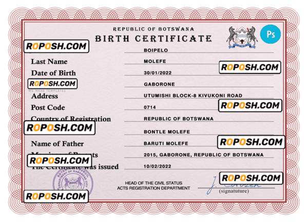 Botswana vital record birth certificate PSD template, fully editable