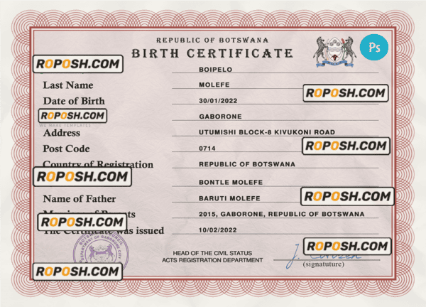 Botswana vital record birth certificate PSD template, fully editable