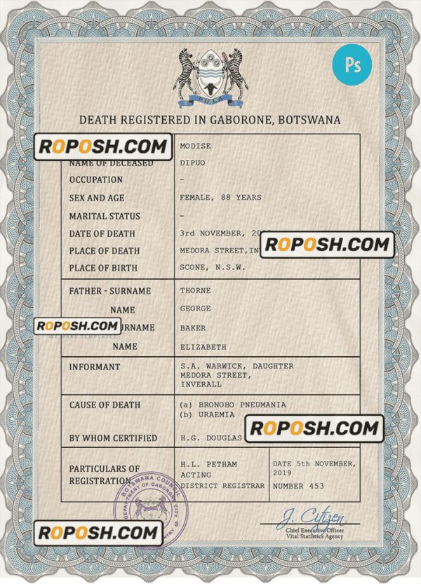 Botswana vital record death certificate PSD template