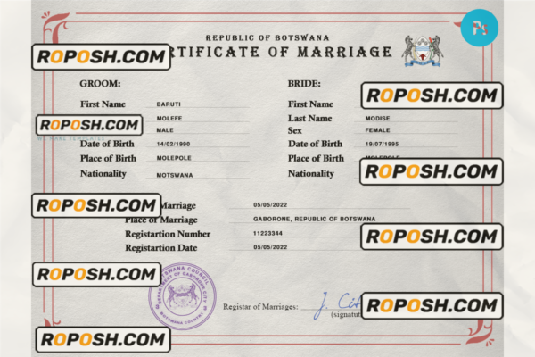 Botswana marriage certificate PSD template, fully editable scan effect