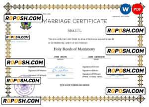 Brazil marriage certificate Word and PDF template, fully editable