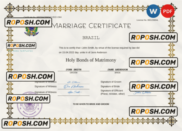 Brazil marriage certificate Word and PDF template, fully editable scan effect