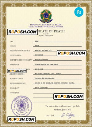 Brazil death certificate PSD template, completely editable