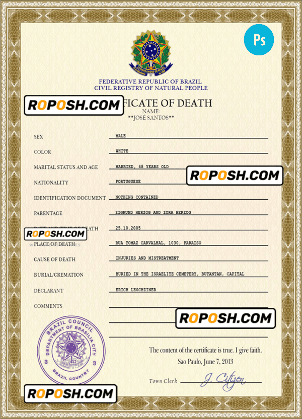 Brazil death certificate PSD template, completely editable