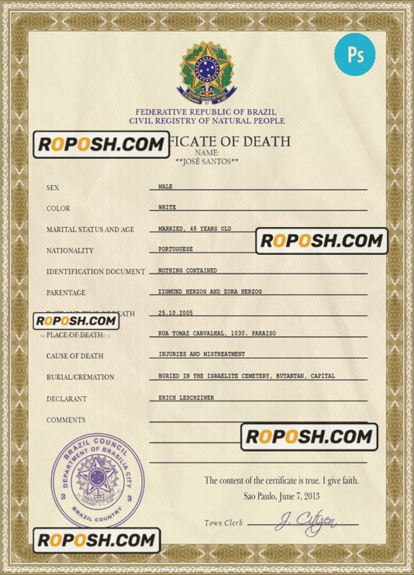 Brazil death certificate PSD template, completely editable