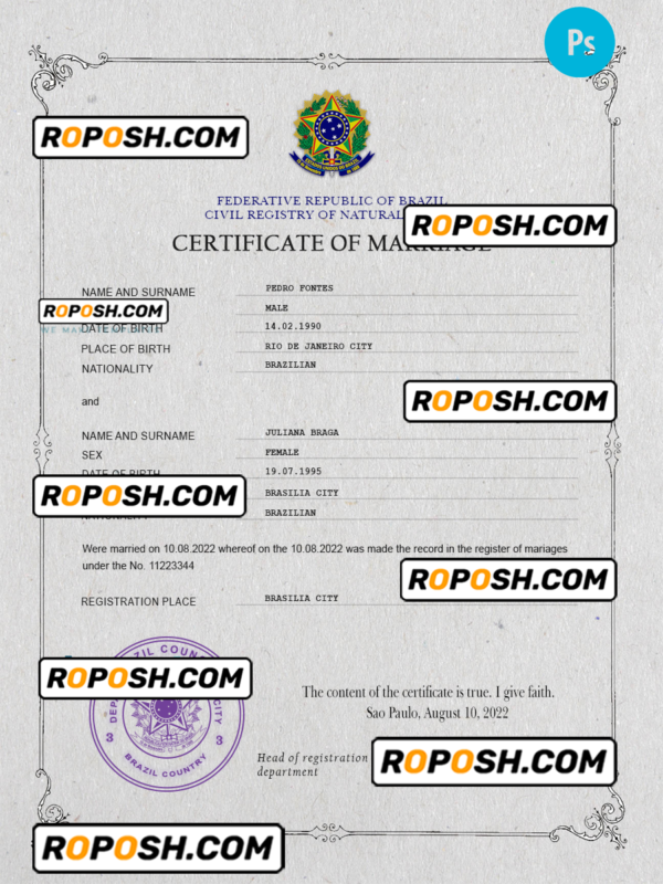 Brazil marriage certificate PSD template, completely editable