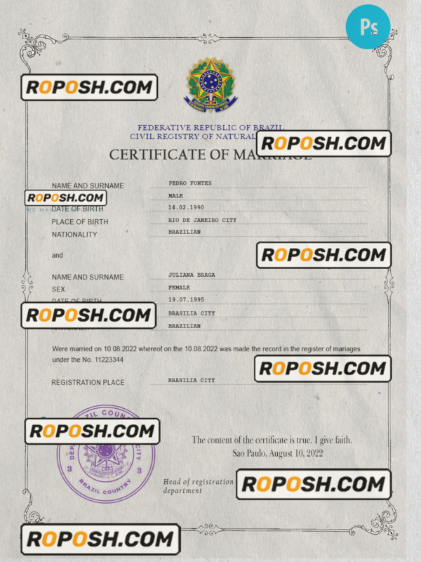 Brazil marriage certificate PSD template, completely editable scan effect