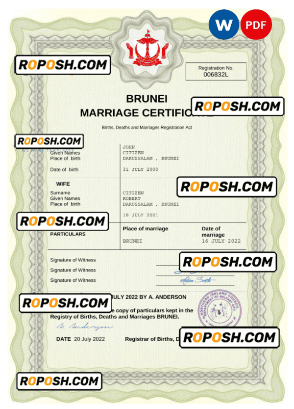Brunei marriage certificate Word and PDF template, completely editable