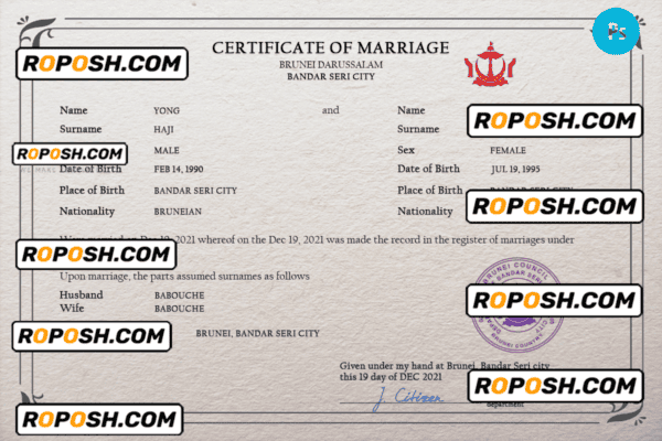 Brunei marriage certificate PSD template, fully editable