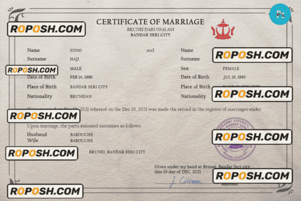 Brunei marriage certificate PSD template, fully editable
