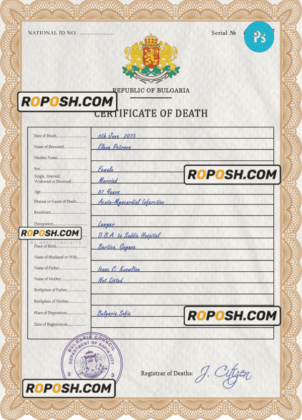 Bulgaria death certificate PSD template, completely editable