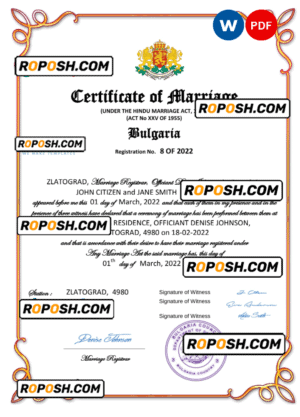 Bulgaria marriage certificate Word and PDF template, fully editable