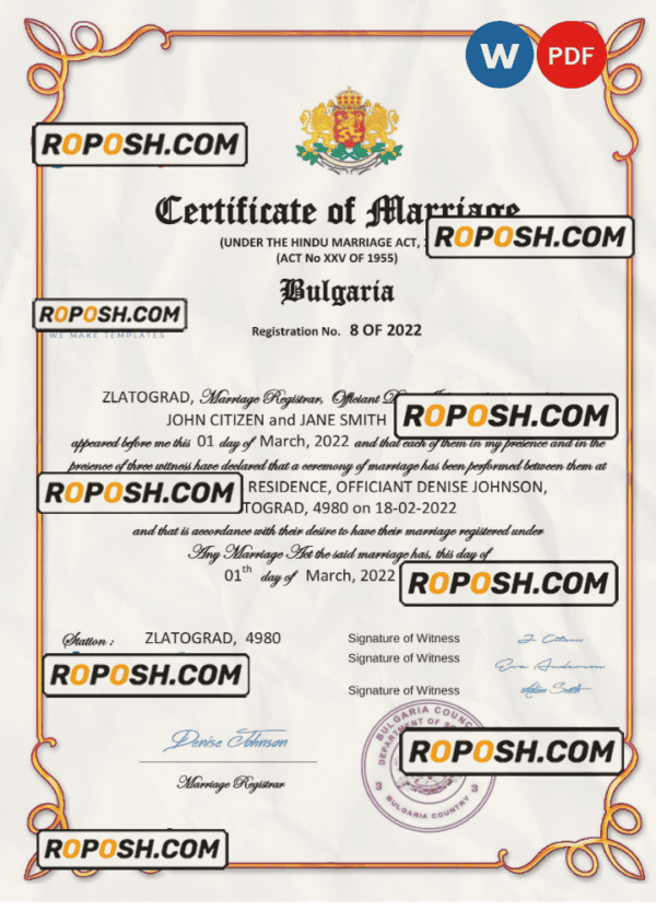 Bulgaria marriage certificate Word and PDF template, fully editable
