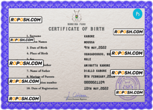 Burkina Faso vital record birth certificate PSD template, fully editable