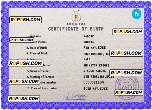 Burkina Faso vital record birth certificate PSD template, fully editable