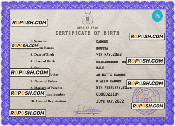 Burkina Faso vital record birth certificate PSD template, fully editable