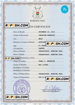 Burkina Faso vital record death certificate PSD template, completely editable