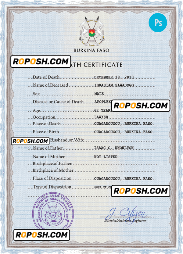 Burkina Faso vital record death certificate PSD template, completely editable