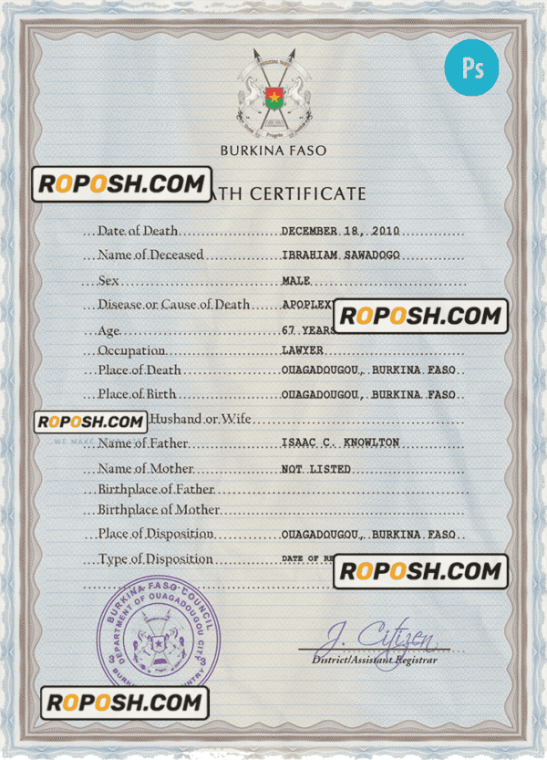 Burkina Faso vital record death certificate PSD template, completely editable
