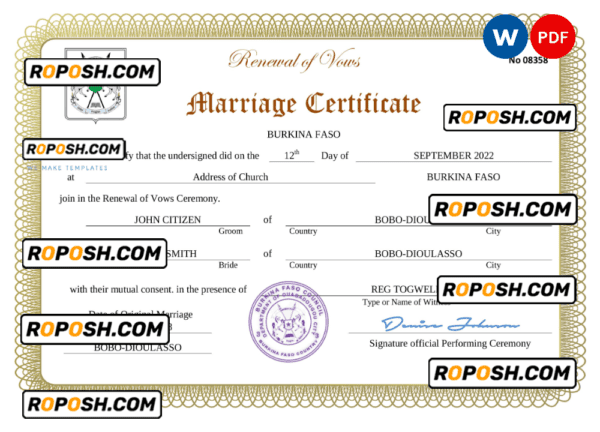 Burkina Faso marriage certificate Word and PDF template, fully editable