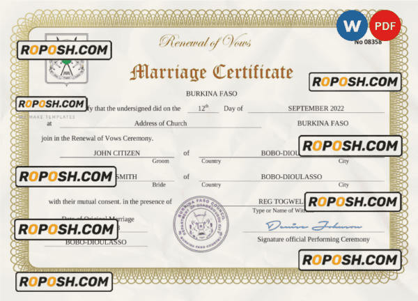 Burkina Faso marriage certificate Word and PDF template, fully editable