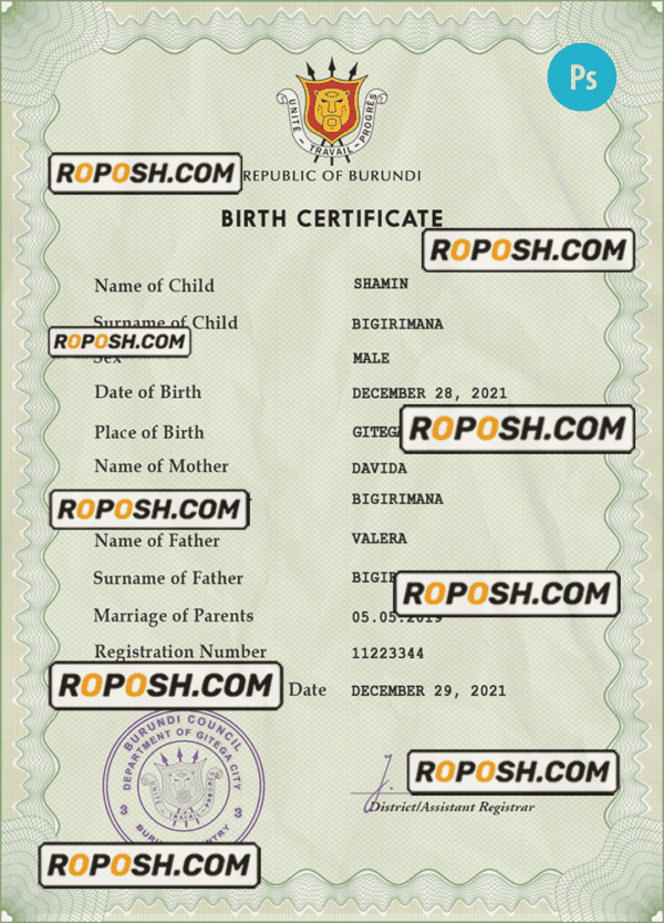 Burundi vital record birth certificate PSD template