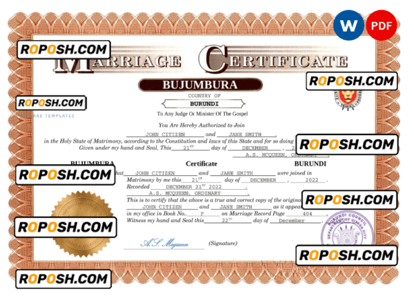 Burundi marriage certificate Word and PDF template, completely editable