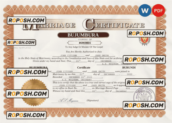 Burundi marriage certificate Word and PDF template, completely editable