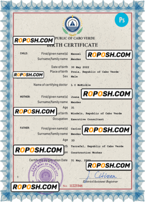 Cabo Verde vital record birth certificate PSD template, completely editable