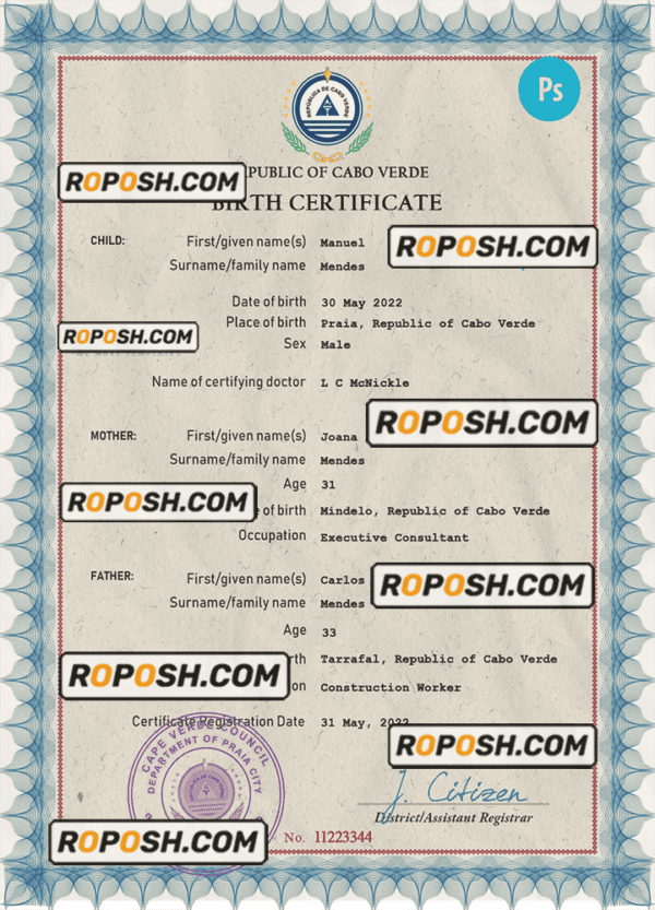 Cabo Verde vital record birth certificate PSD template, completely editable