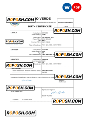 Cabo Verde vital record birth certificate Word and PDF template, completely editable