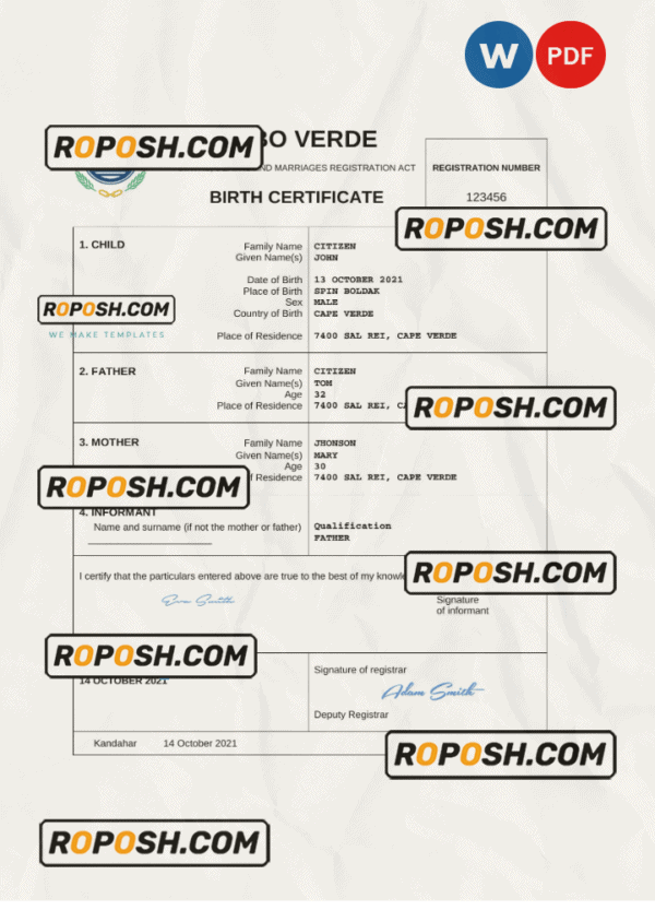 Cabo Verde vital record birth certificate Word and PDF template, completely editable