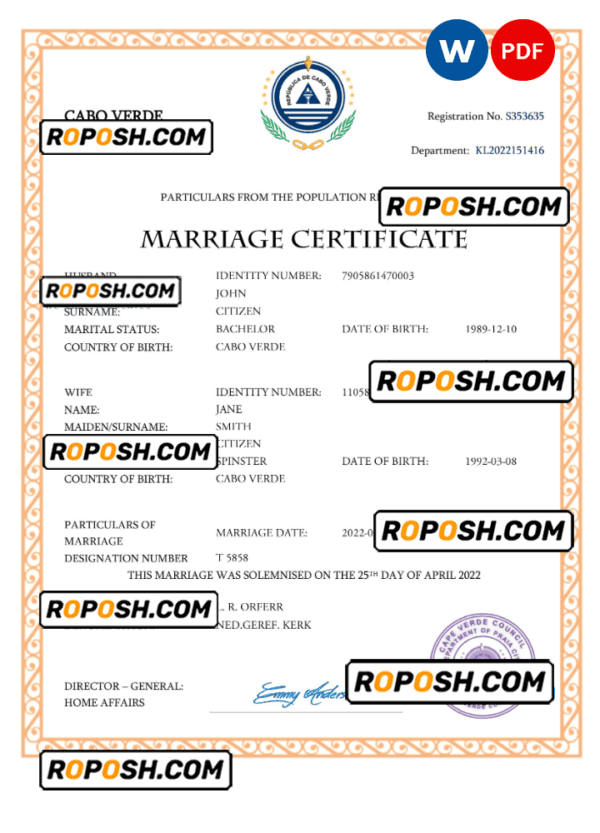 Cabo Verde marriage certificate Word and PDF template, completely editable