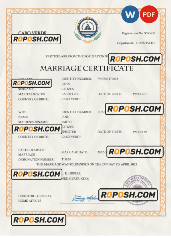 Cabo Verde marriage certificate Word and PDF template, completely editable