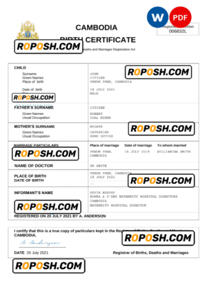 Cambodia birth certificate Word and PDF template, completely editable